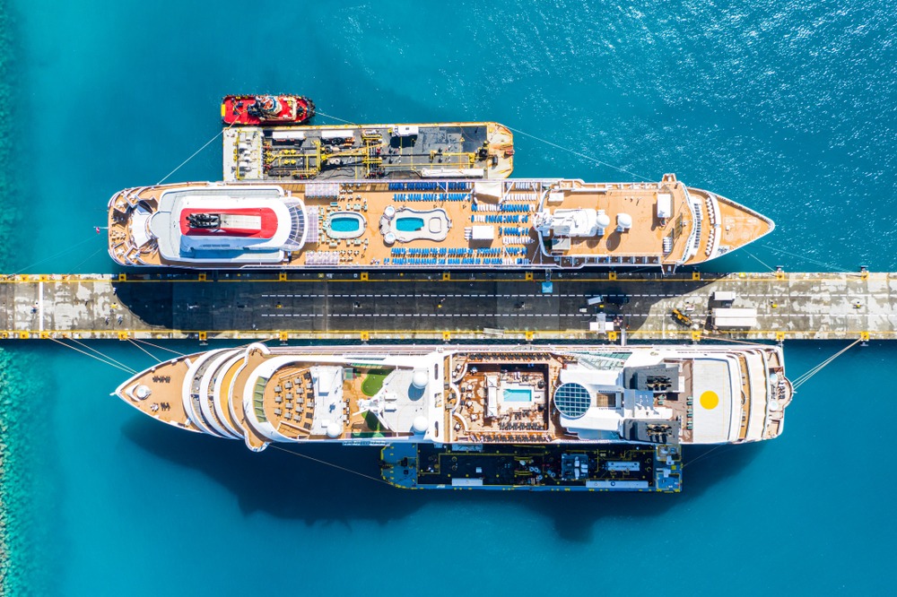 View from above of two cruiseships which are docked